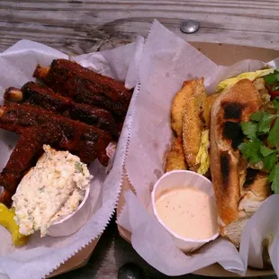 Spicy ribs w potato salad (L) Brisket sammich w fried pickled okra (R)