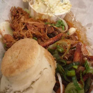 Fiddlers Biscuit: Sour cream &amp; sage biscuits, smoked chicken, green onion, Tennessee wildflower honey and a side of potato salad