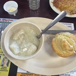 Chicken n dumplings, cornbread and hash browns!!