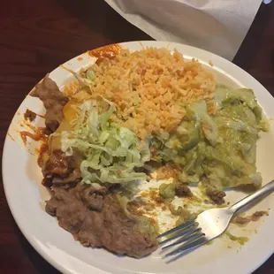 This was from the lunch buffet. Chkn enchiladas w/green sauce and beef enchiladas w/red sauce. Lettuce, rice, beans for sides