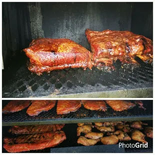Beef short rib, spare ribs and chicken.