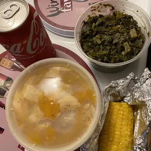 Greens, corn and greens, two peach cobblers with a soda