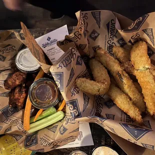 Wings and fried dill pickles