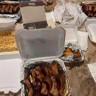 Honey hot ribs, Mango habanero ribs, Teriyaki ribs, Family Mac, corn