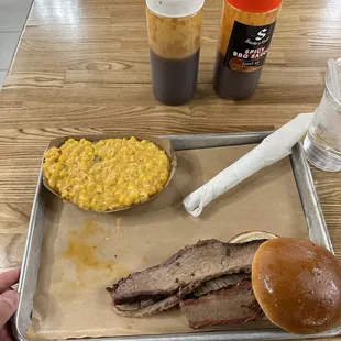 Brisket Sandwich with cheese corn