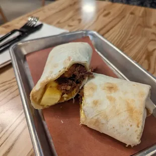 Brisket breakfast burrito (with egg, tot, cheese). So great!