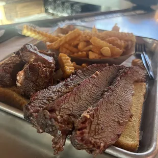 Brisket &amp; burnt end plate with fries.