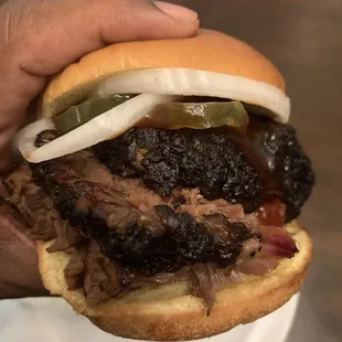  a hand holding a pulled pork sandwich