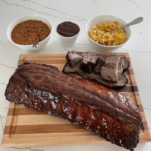 Ribs, brisket, baked beans, bbq sauce, Mac and cheese