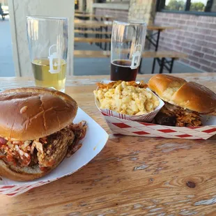 Fried chicken sandwich, brisket sandwich, kmac