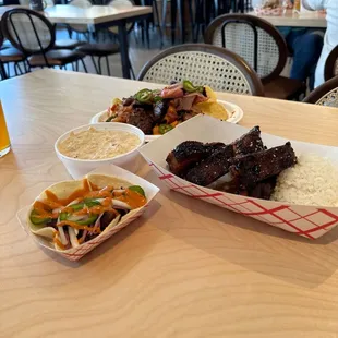 Sticky Ribs, brisket nachos, pork belly taco &amp; potato salad