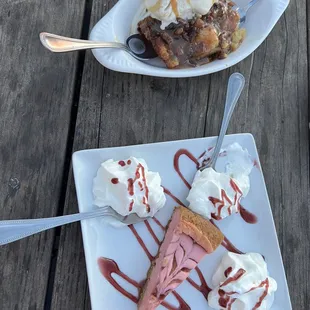 Bread pudding and raspberry cheesecake