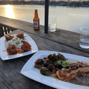 Bang bang shrimp and salmon with Brussel sprouts