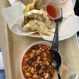 Potstickers and baked beans