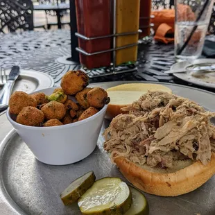 Pulled pork sandwich ($9.50) with fried okra