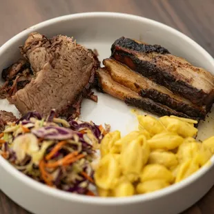 beef brisket, pork belly, mac and cheese and cole slaw (my own plate)