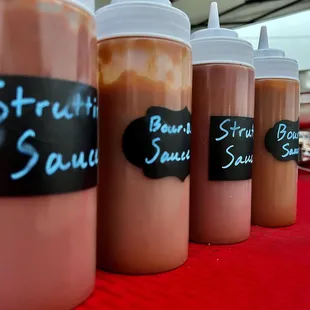 Home made bbq sauce: Struttin' Sauce (more of a bold, spicy sauce) &amp; Bour-b-q sauce (a sweeter sauce with a hint of bourbon)