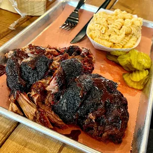 One pound of brisket, moist, with a side of Mac n cheese. Kiddo and I are happy! And full.