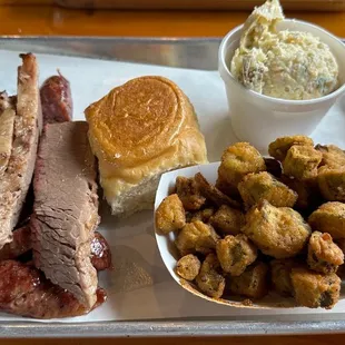 Brisket, okra, roll and potato salad.