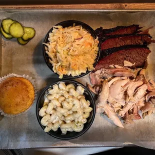 2 Meat Combo Plate - Brisket, pulled chicken, four-cheese Mac, and coleslaw