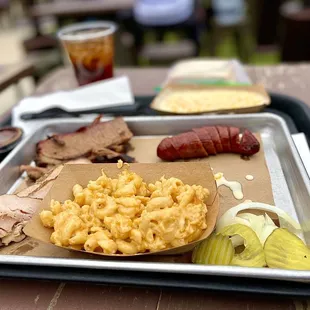 Brisket, Turkey, Mac &amp; Cheese, Sausage Link, and Cream Corn with a Sweet Tea