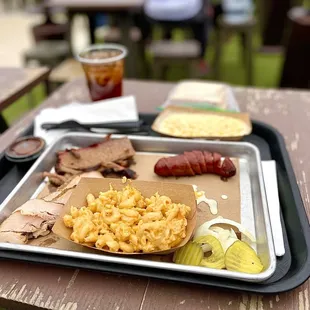 Brisket, Turkey, Mac &amp; Cheese, Sausage Link, and Cream Corn with a Sweet Tea