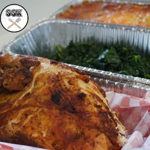 Deep fried Turkey breast, kale greens