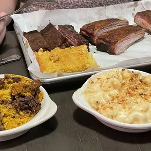 Ribs, Mac n cheese, mashed sweet potatoes