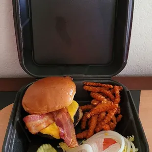 Bacon cheese burger with sweet potato fries