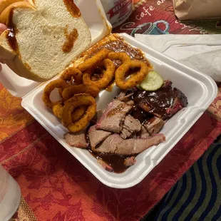 Brisket and burnt ends plate w onion rings and beans