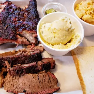 Two meat platter: Brisket and Ribs with Mac N Cheese and Potato Salad as the two sides