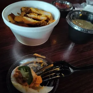 Smoked chicken (top)  Bottom , next to my fork is the deviled egg.  You can see the jalapeno slice and the white of the egg.