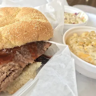 Brisket sandwich, Mac and cheese, and coleslaw. Very good.