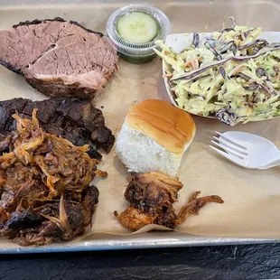 Brisket, Pulled Pork, coleslaw, dinner roll, house made pickles
