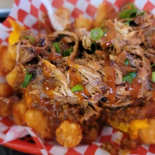 Chili cheese tots with pull pork