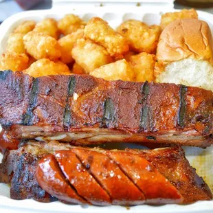 Smoked Pork Ribs, Smoked Hot Links, and Tater Tots