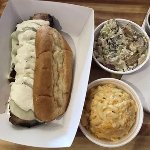 Philly Brisket, potato salad(bleh), Mac &amp; cheese(meh)