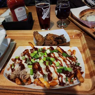 Pulled pork fries and dry rub wings