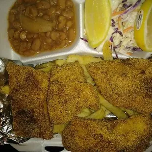 fried fish, beans and coleslaw