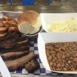 Sausage and brisket (dry) with beans and potato salad