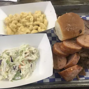 Sausage, brisket, pulled pork w/ mac n cheese and slaw
