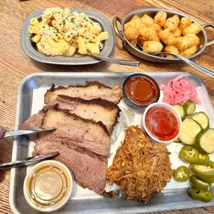 SMOKE HOUSE PLATE ( Btisket and Pulled pork ) , tator tots and mac &amp; cheese