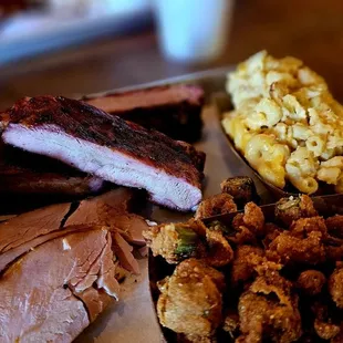 Really good smoked meats! Ribs, turkey, mac n cheese and fried okra