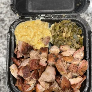 Rib-Tip Plate with Mac and cheese and collard greens