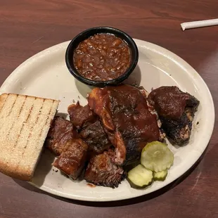 Barbecue chicken, burnt ends, and baked beans