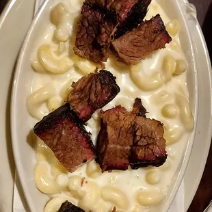 White Mac n cheese with burnt ends