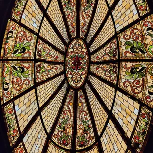 a circular stained glass ceiling