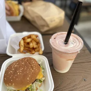 Cheeseburger, Fries, Neapolitan Milkshake