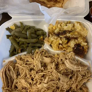 Pulled chicken with green beans, sweet corn casserole and garlic bread
