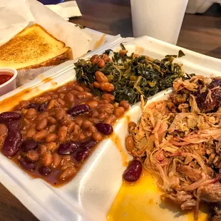 Pulled Pork, Brown Sugar Baked Beans, Collard Greens, and Garlic Toast